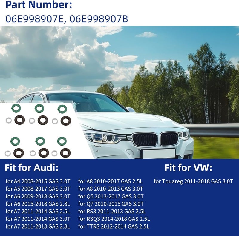 McrGinly 6 Set Fuel Injector Nozzle Seal Kits Fuel Injector O-Rings Compatible with Touareg A4 A5 A6 A7 A8 Q5 Q7 RS3 RSQ3 TTRS 06E998907E 06E998907B - Image 2